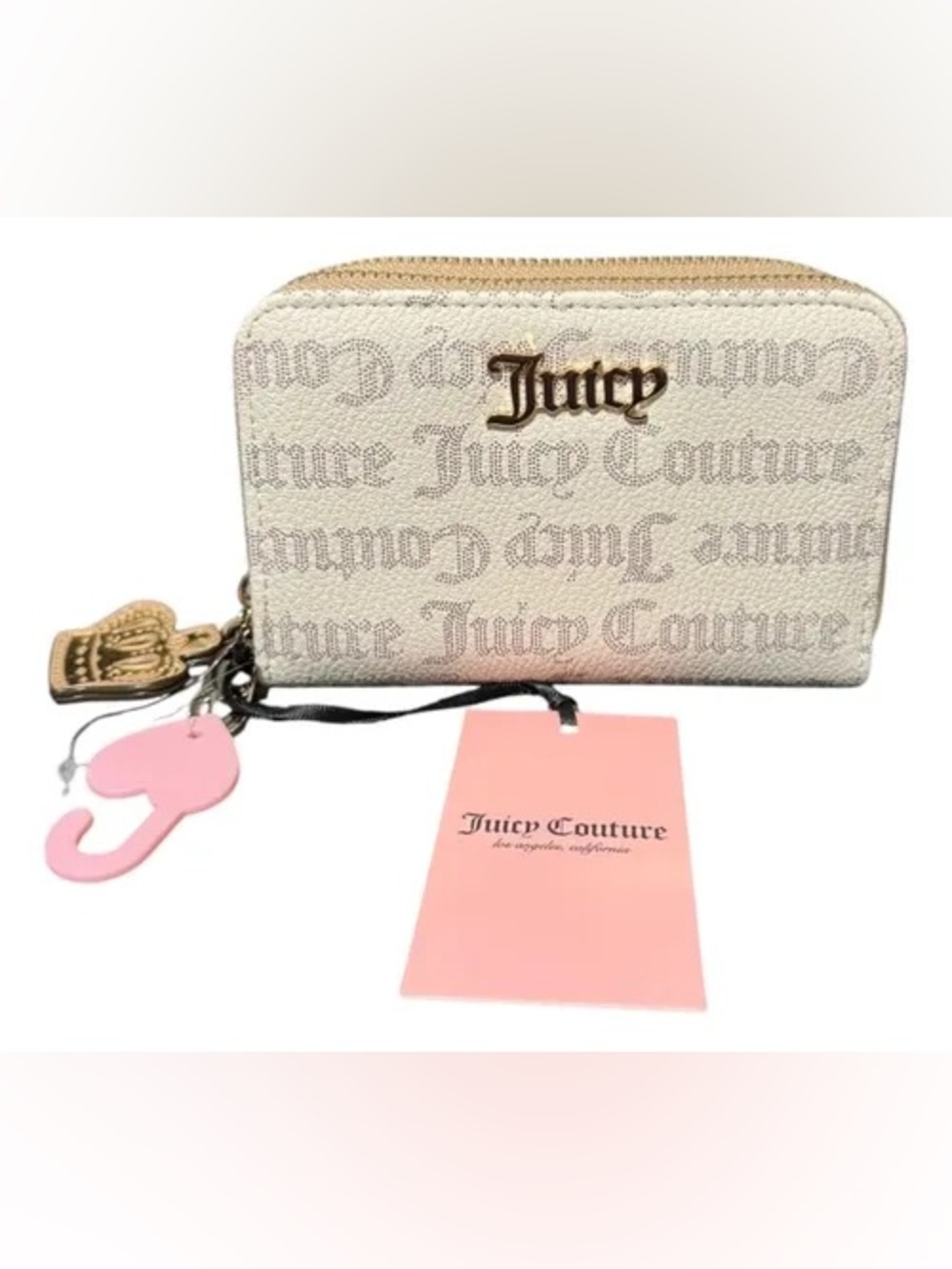 Juicy Couture Cream Logo Zip Around Wallet with Gold Accent